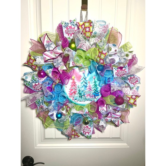 Handmade Bright Merry Christmas Holiday Ribbon Door Wreath 22 ins W52 Pink Blue - Picture 13 of 13